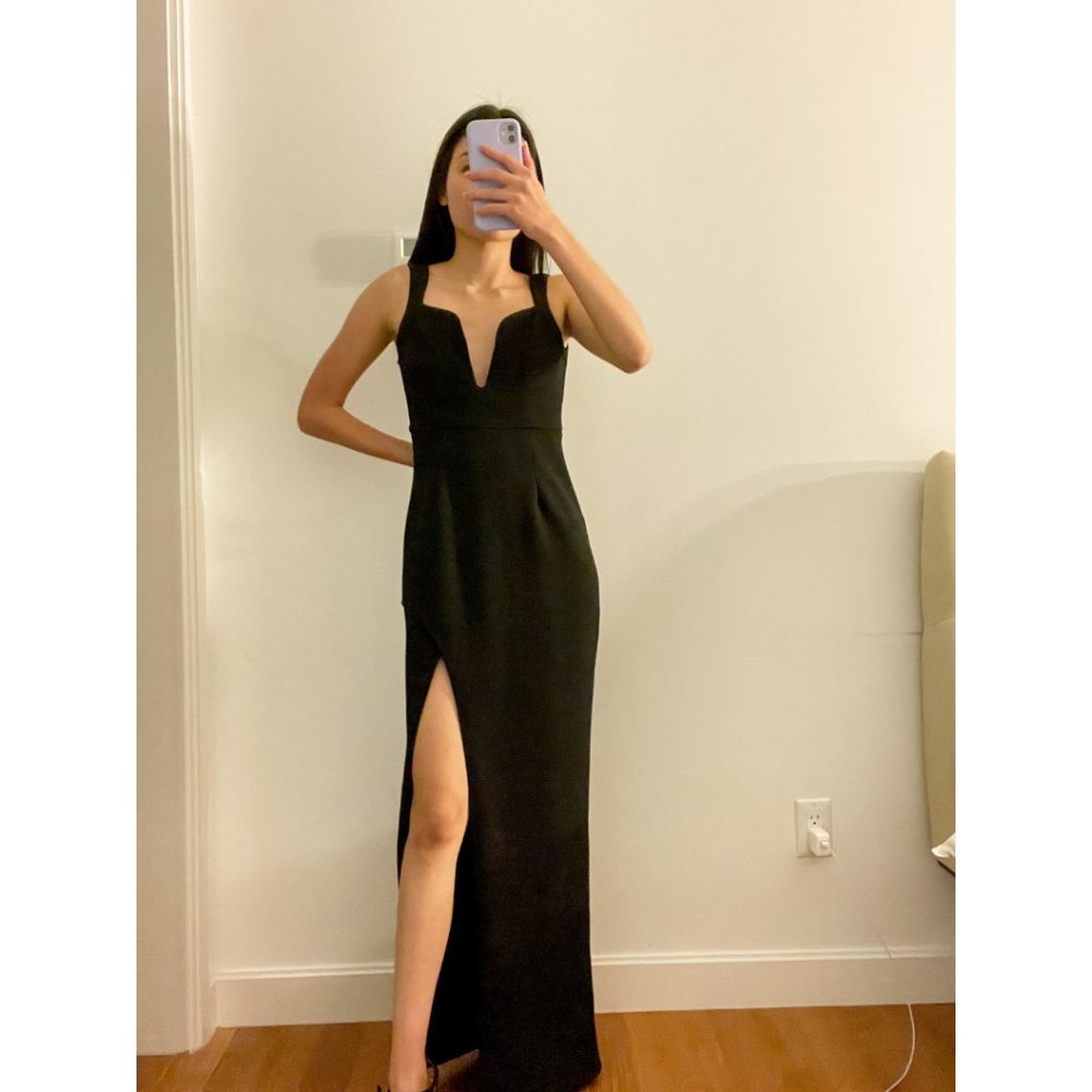 Black Low V-Neck Maxi Dress with Leg Slit